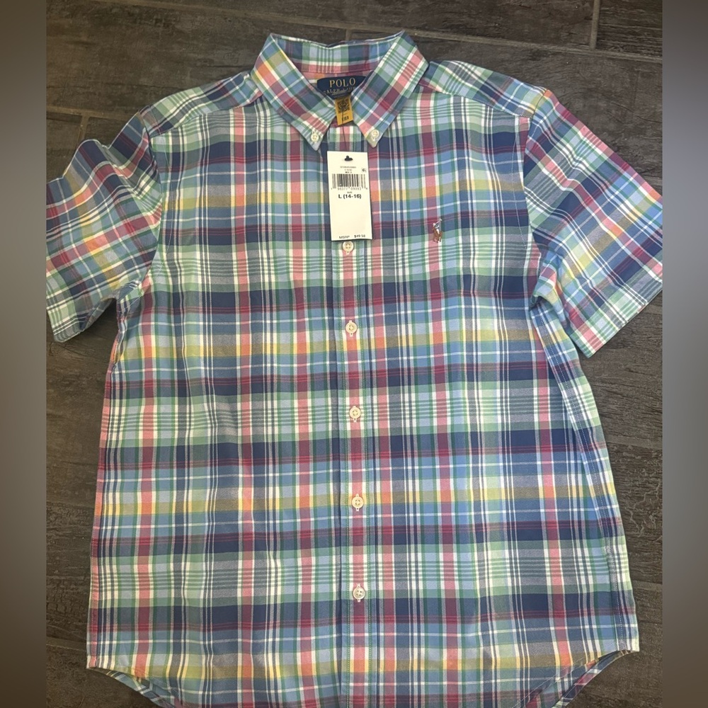 NWT Polo by Ralph Lauren Boy’s Plaid short sleeve button top Size Large 14/16‎